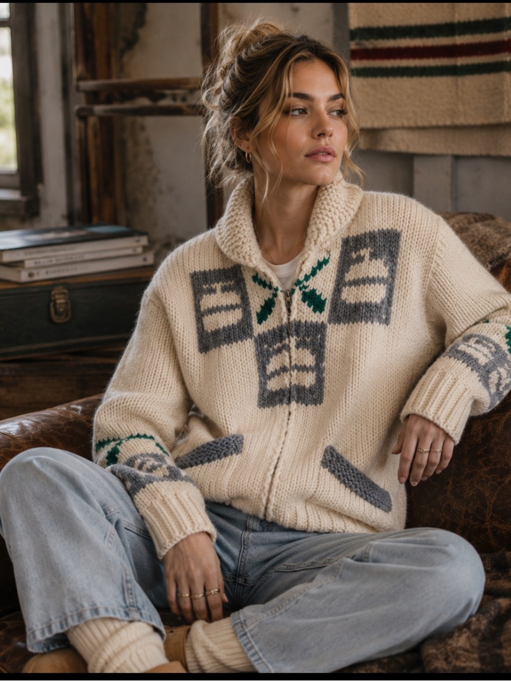 Vintage Hand Knit Curling Cowichan Wool Zip Sweater